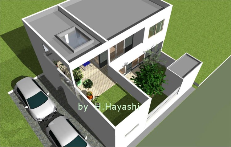2階にウッドデッキテラスのあるＬ型平面の家