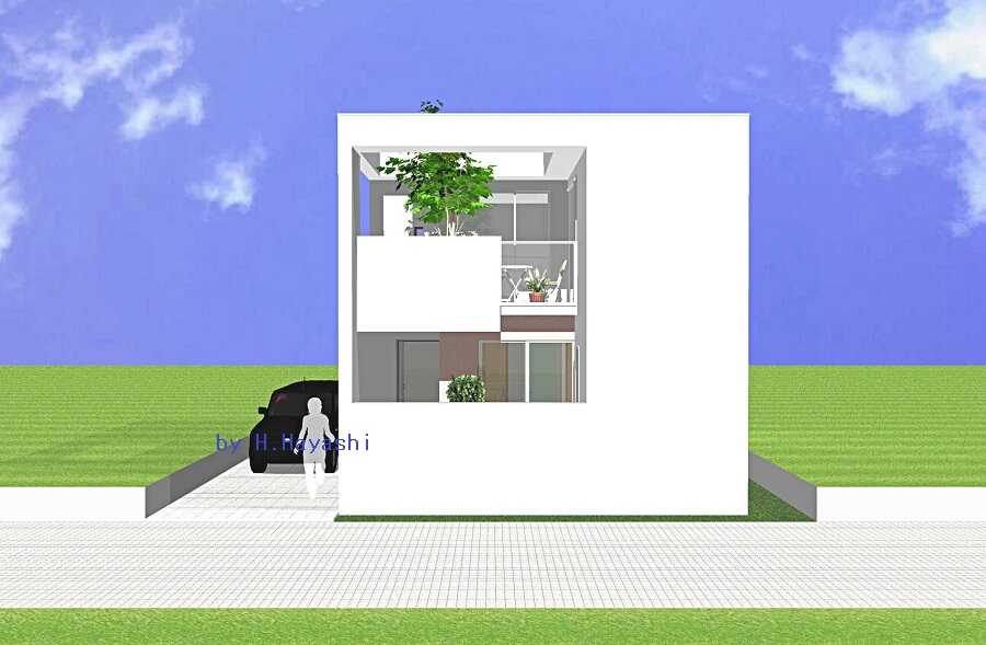 ２階に小庭のある最小住宅の鳥瞰